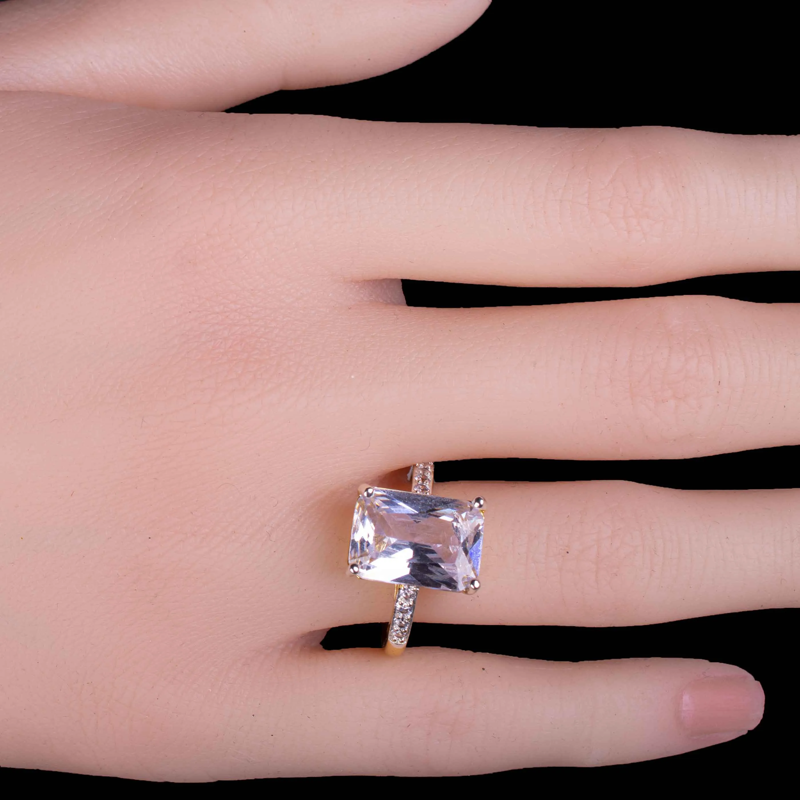Zircon Emerald Cut Solitaire Gold Steel Ring