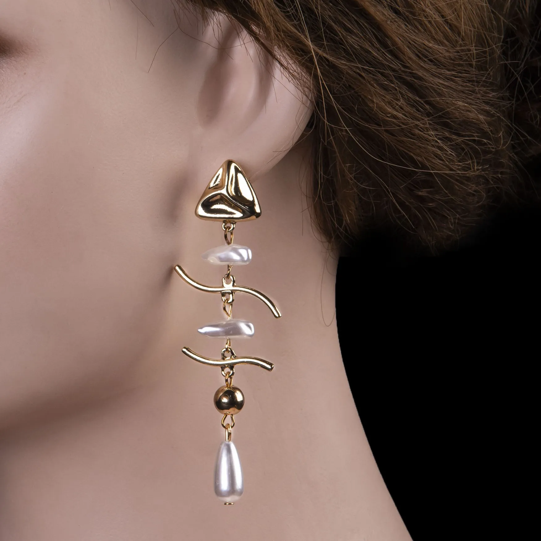 Golden Wave Pearl Drop Tops Earrings