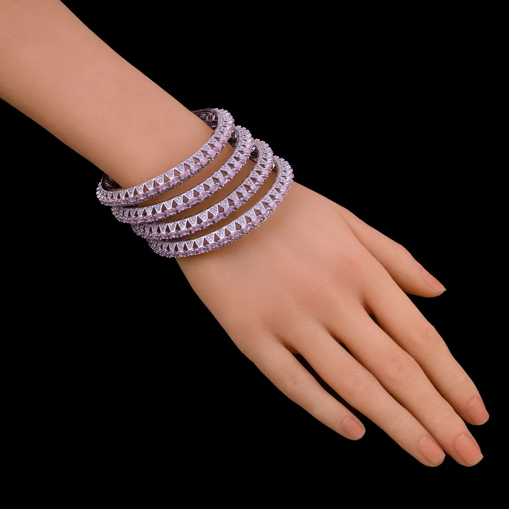 Silver Finish Pink Stone Bangles Set