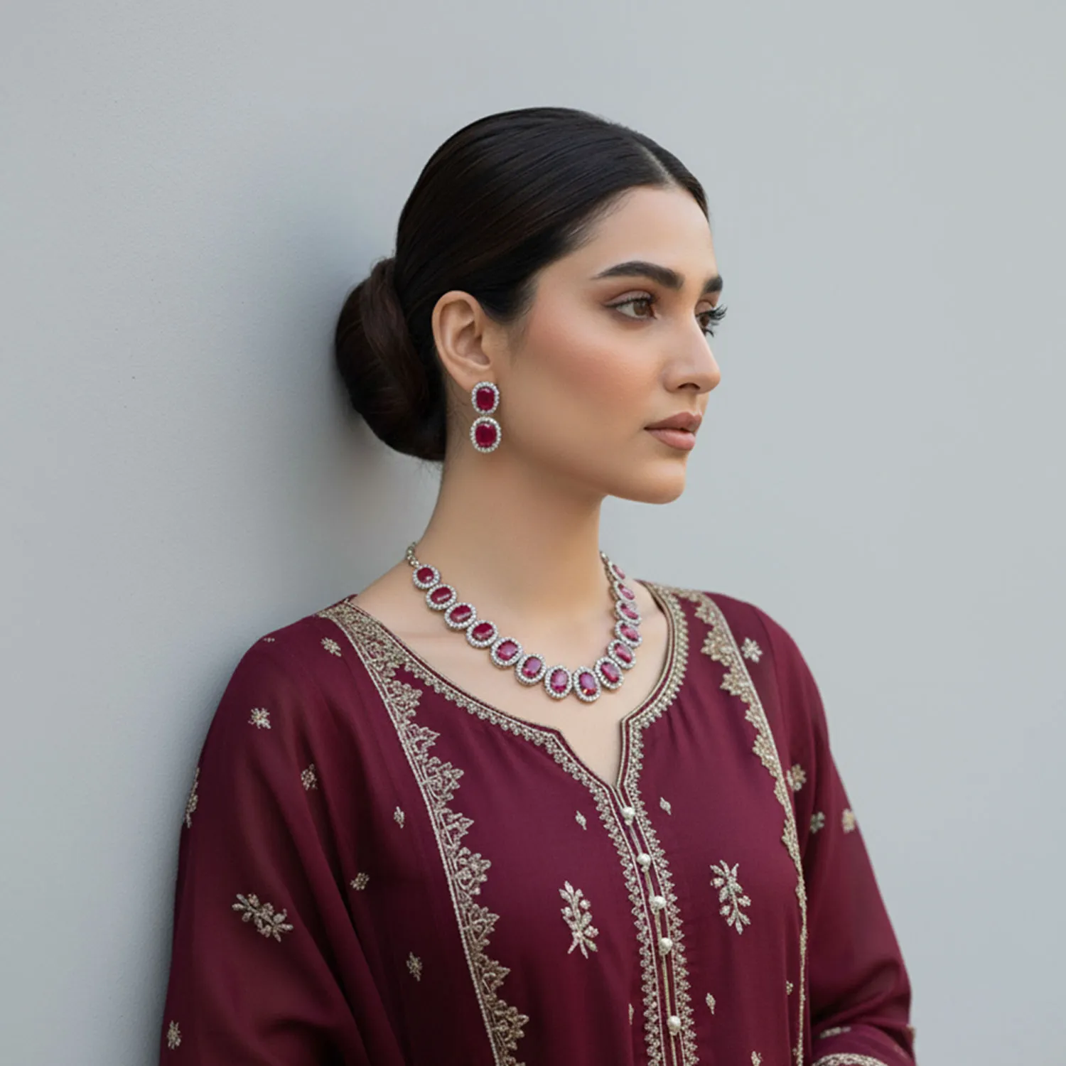 Diamond Ruby Necklace And Earrings Set