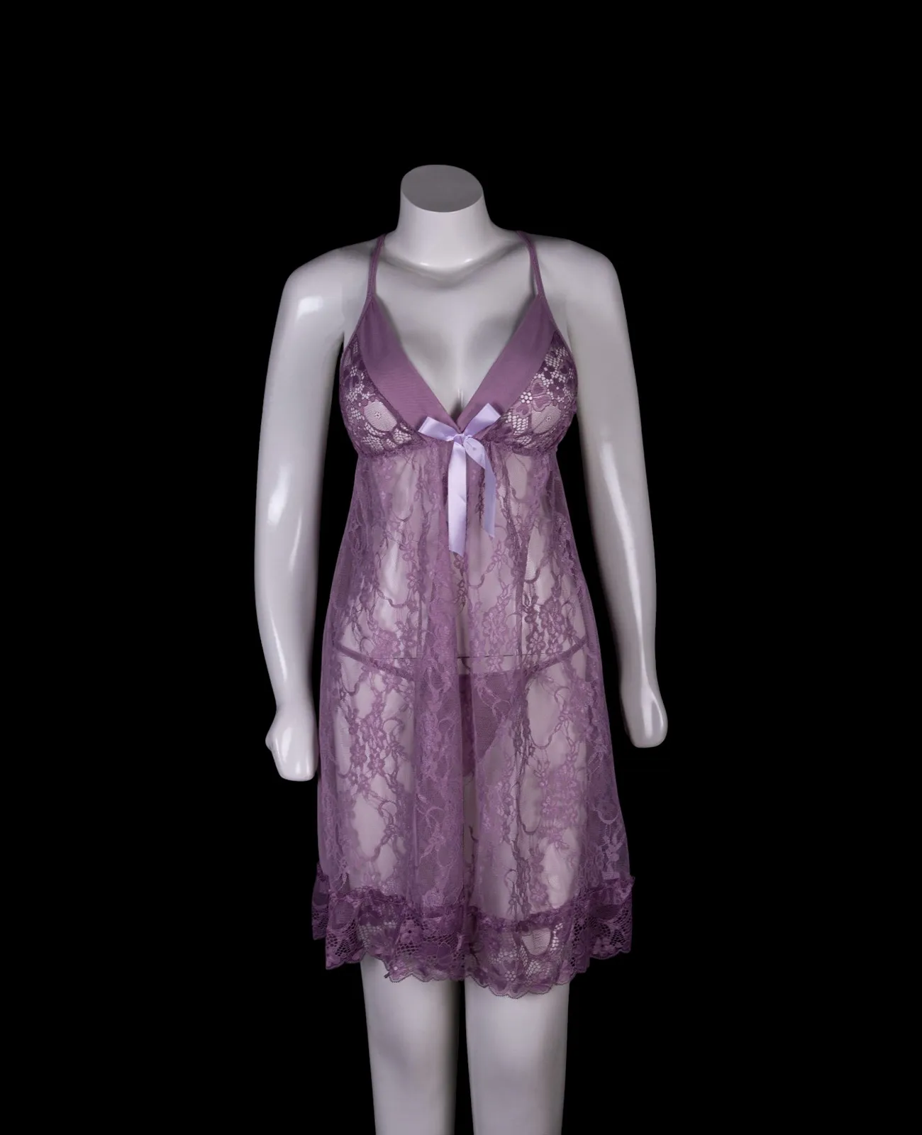 Purple Mesh And Lace Babydoll Nightdress