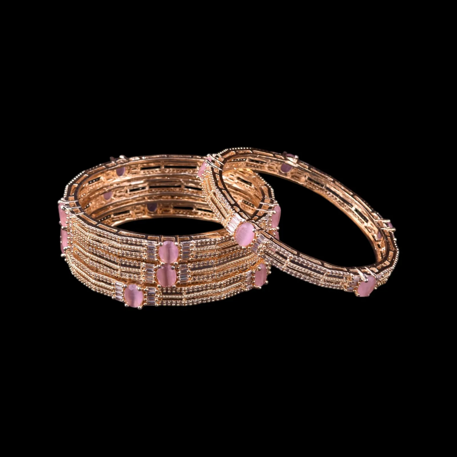 Golden Toned Pink Stone Bangles Set