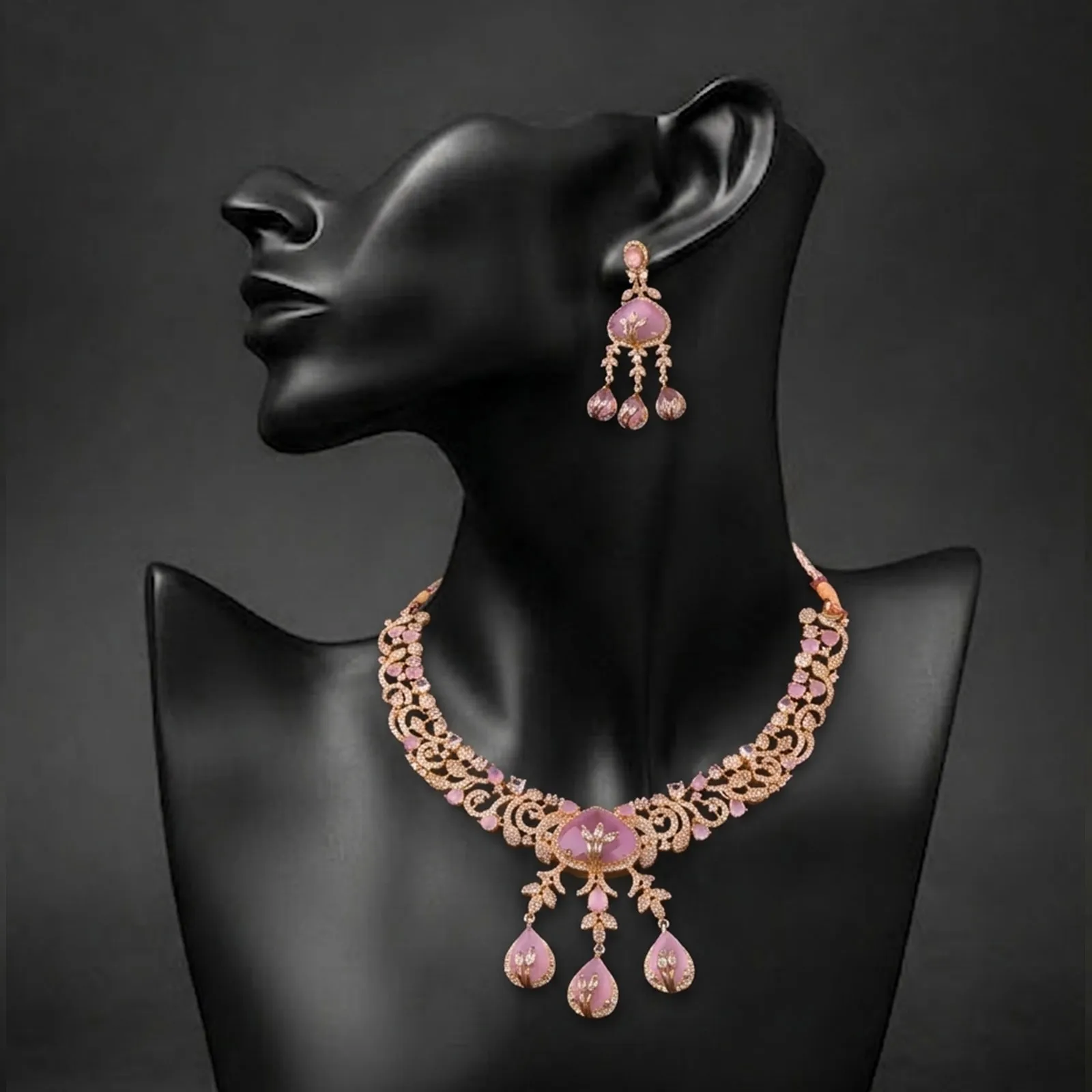 Pink American Diamond Necklace Set