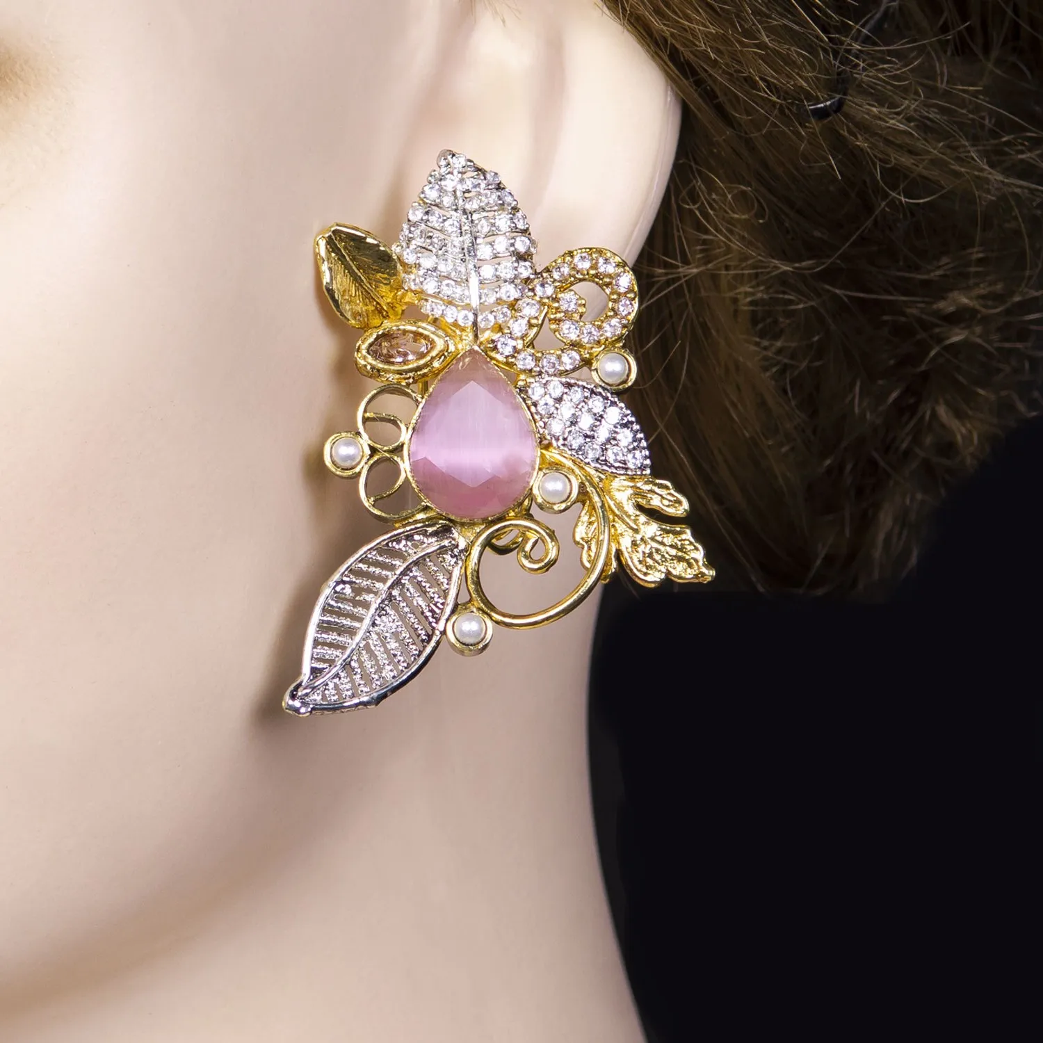 Pink Teardrop Floral Leaf Earrings