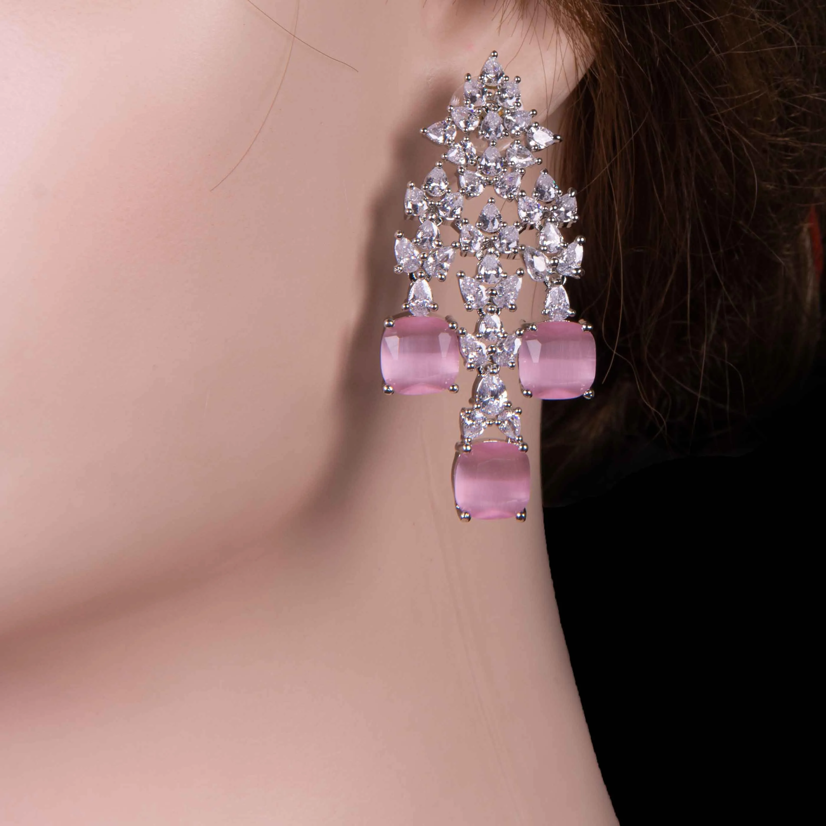 One Carat Pink Stone Silver Jhumka Earring