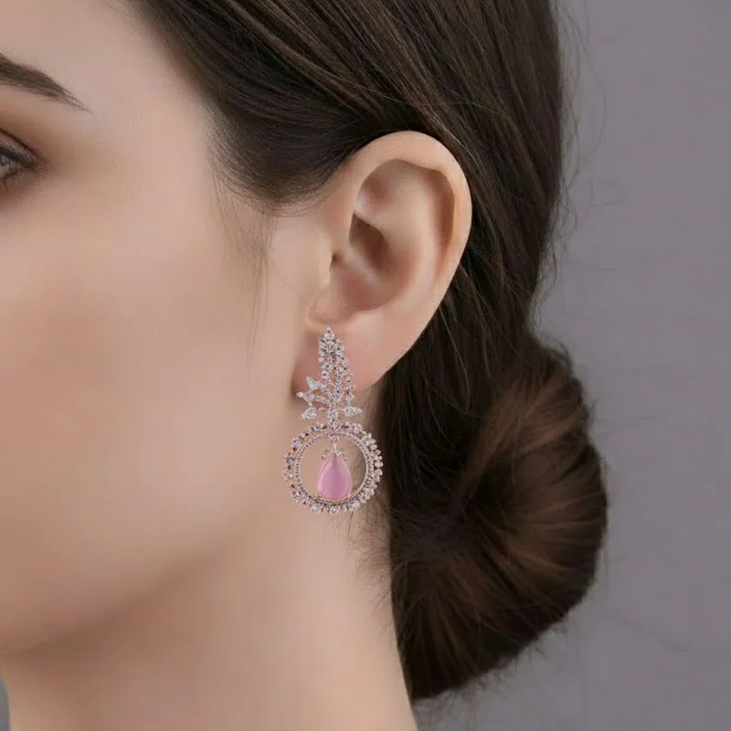 American Diamond Pink Stone Drop Earrings