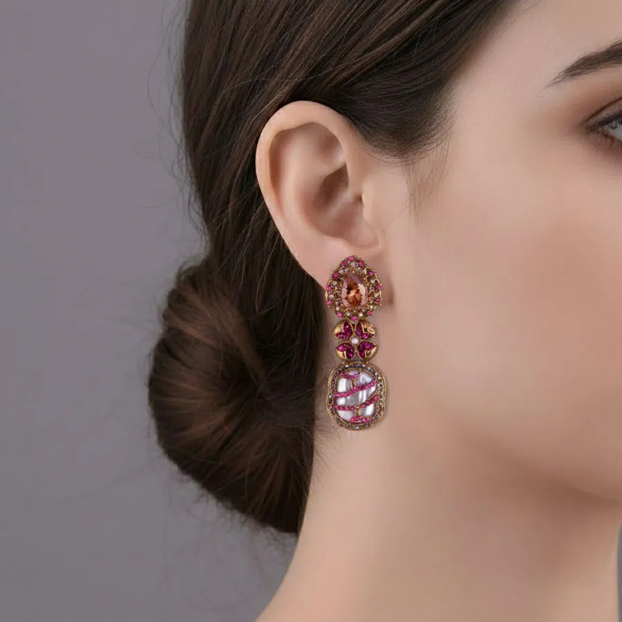 Pink Kundan Polki Dangler Earrings