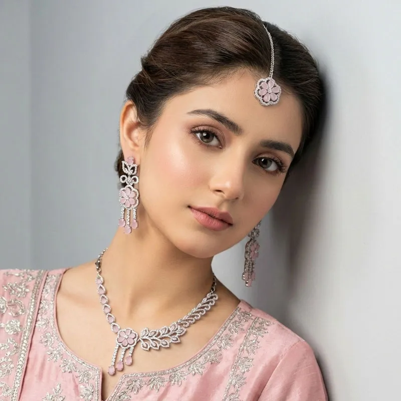 Pink American Diamond Cubic Zirconia Necklace Set