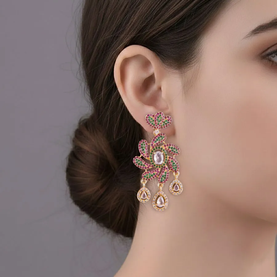 Pink & Green Floral Drop Earrings