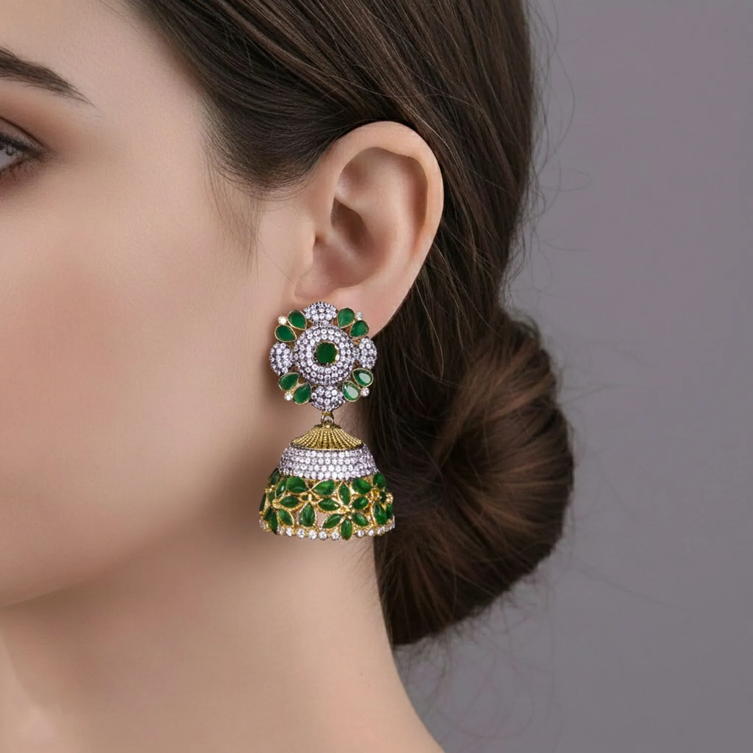 Emerald Blossom Kundan Jhumka Earrings