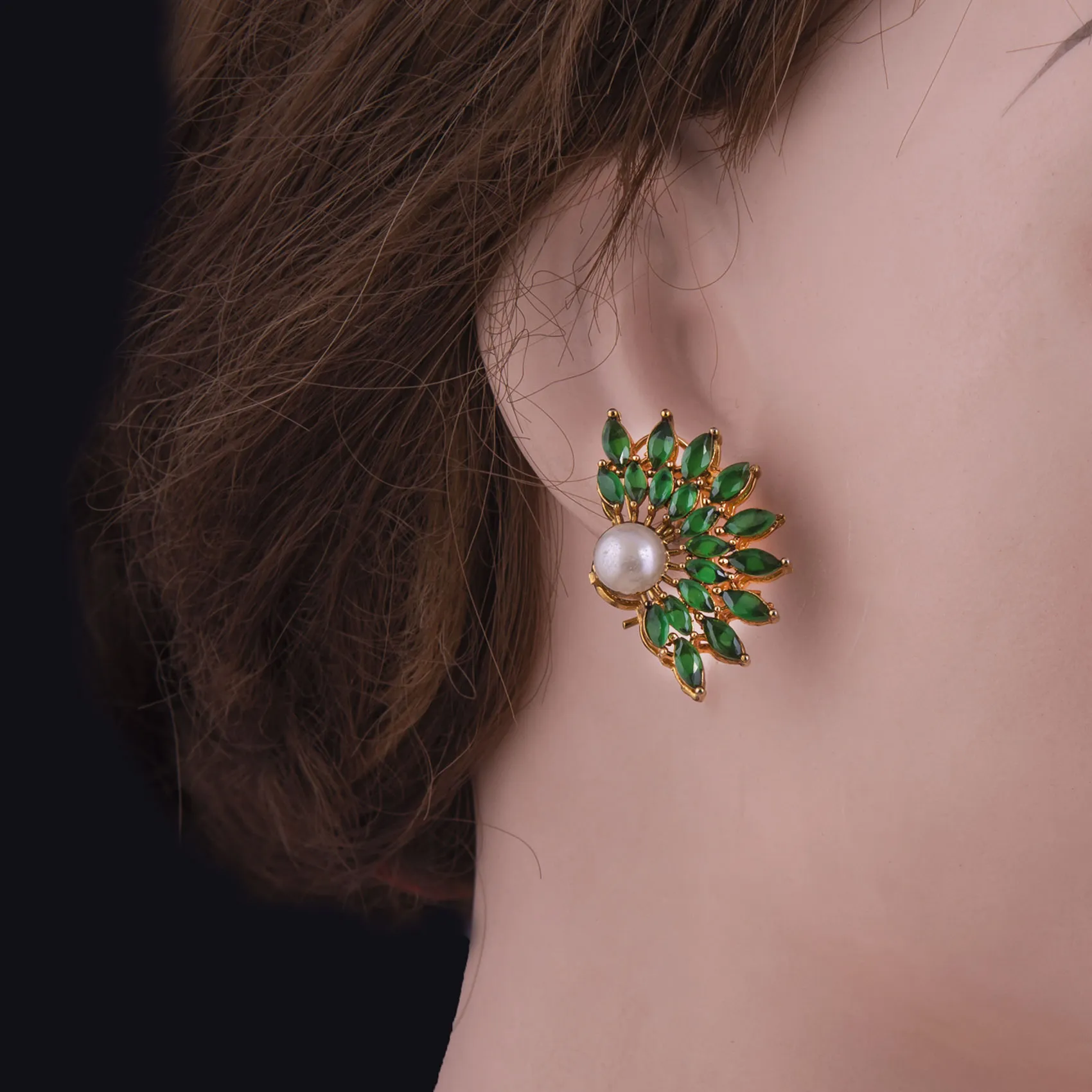 Green Emerald and Pearl Stud Earrings