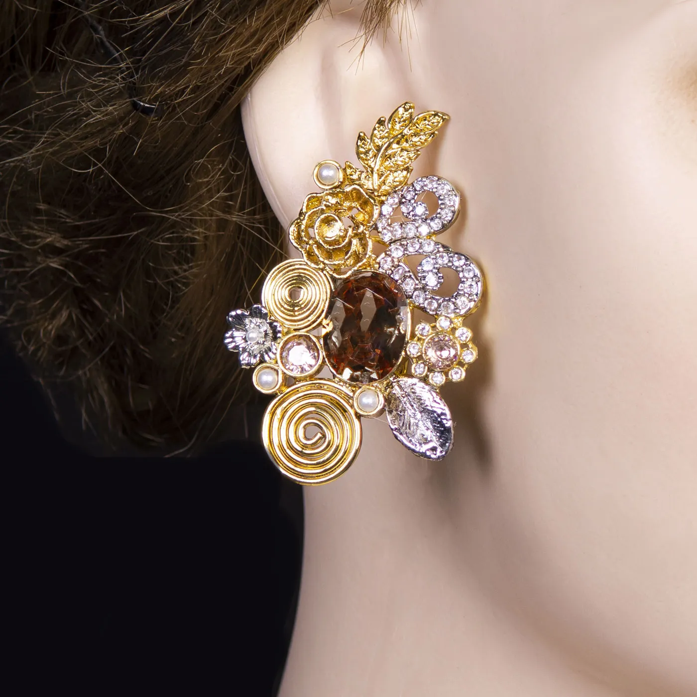 Golden Floral Spiral & Amber Crystal Earring