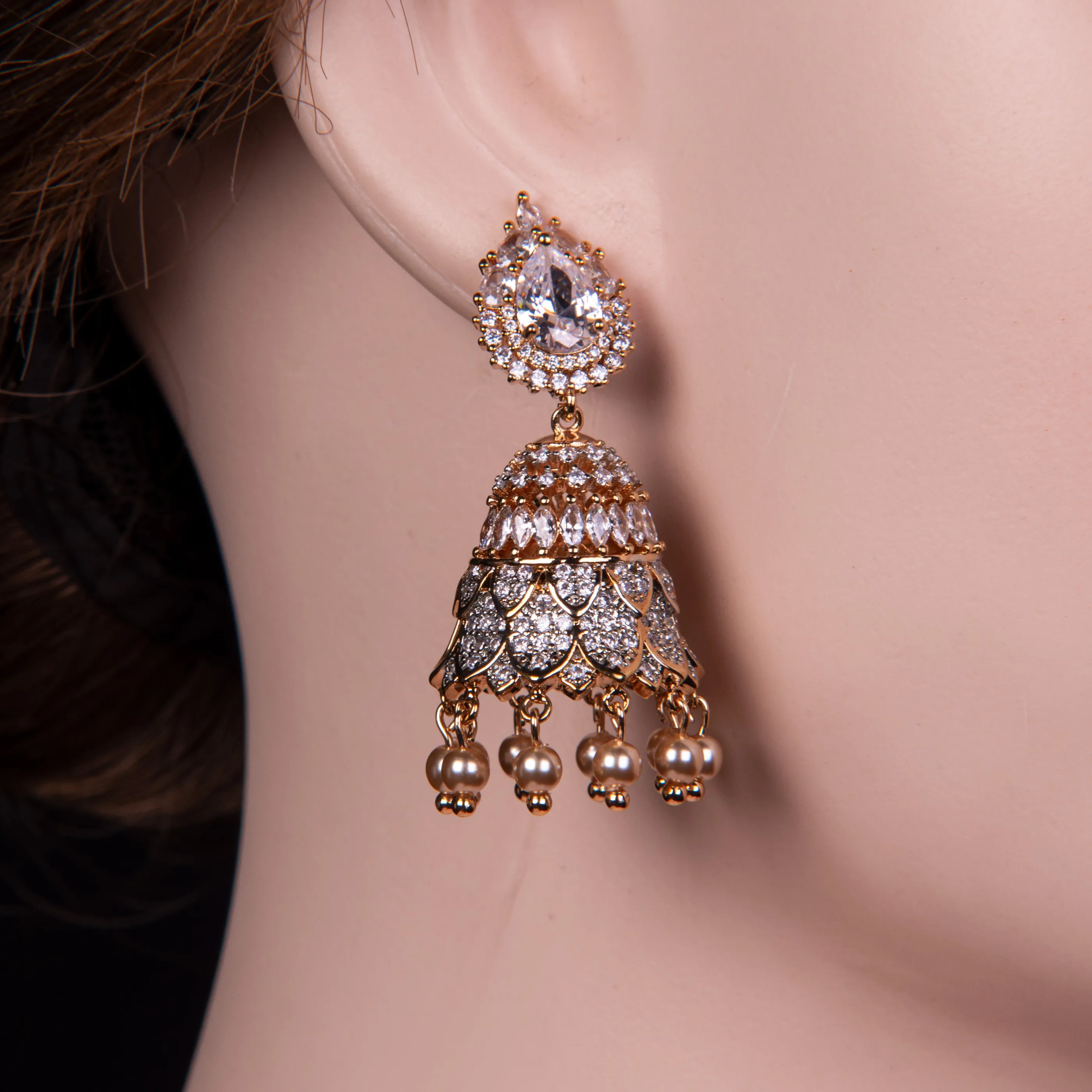 Opea crystal Bell Beads Drop Zircon Jhumka Earrings