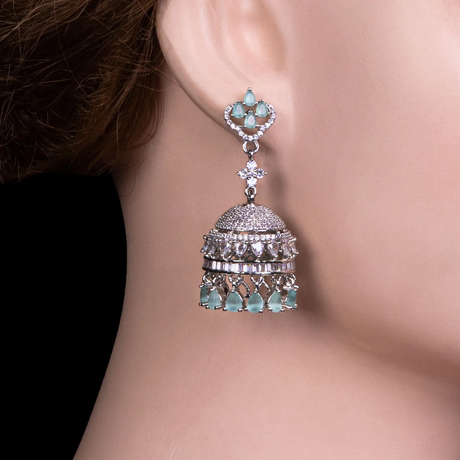 Mint Stone Silver Dome Shaped Jhumka Earring