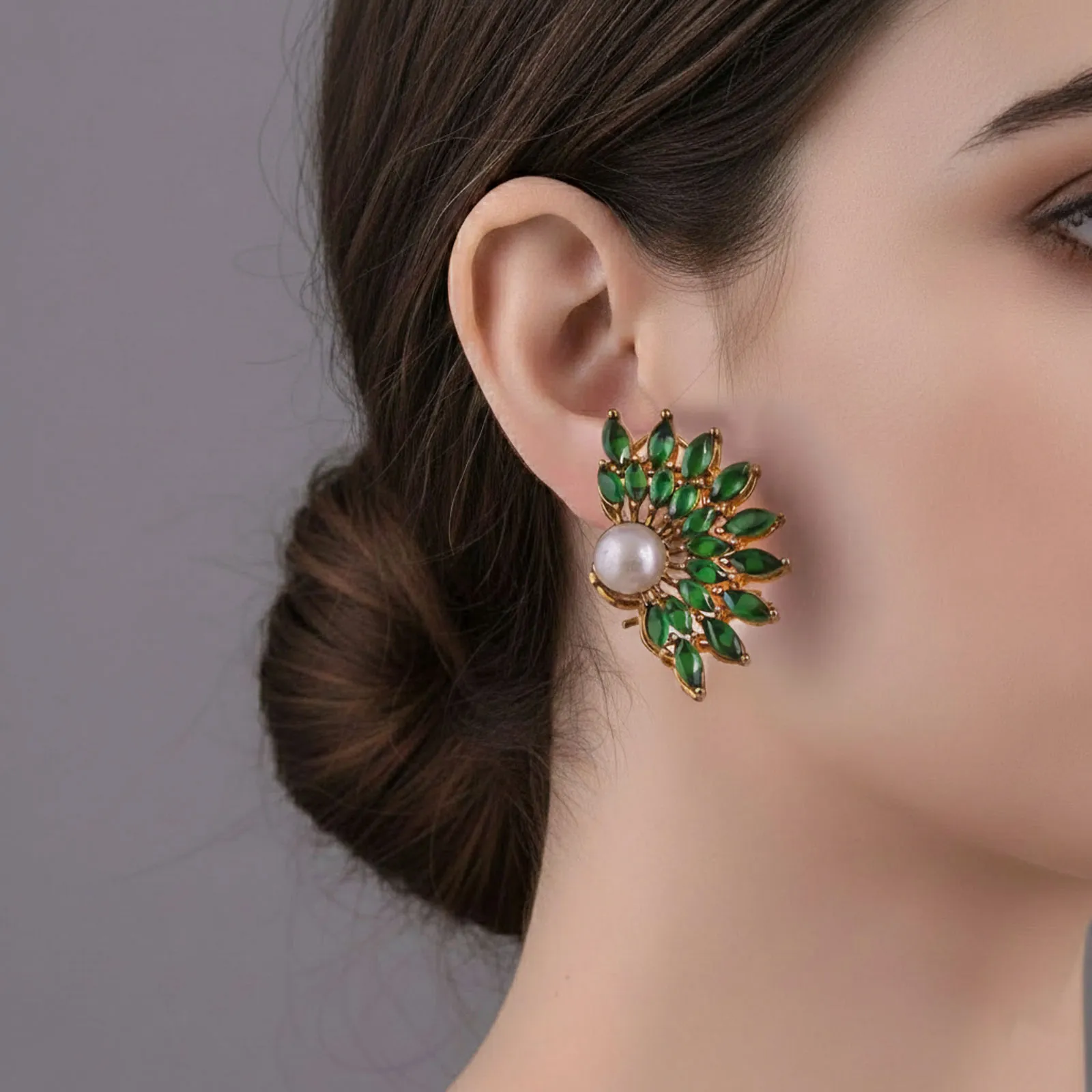 Green Emerald and Pearl Stud Earrings