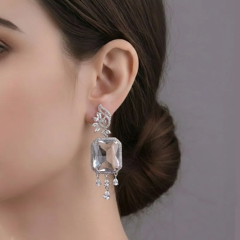 Silver American Diamond Long Party Earrings